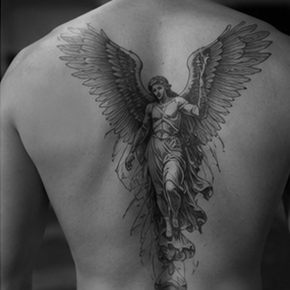 Large sketch style angel back piece tattoo
