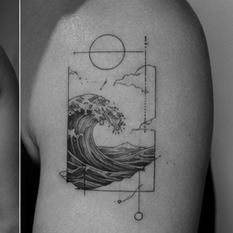 Geometric Japanese wave tattoo on an upper arm